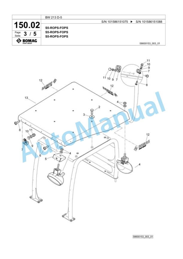 Bomag BW 213 D-5 Single Drum Wheel Drive Vibratory Roller Spare Parts Catalogue 00824761-4