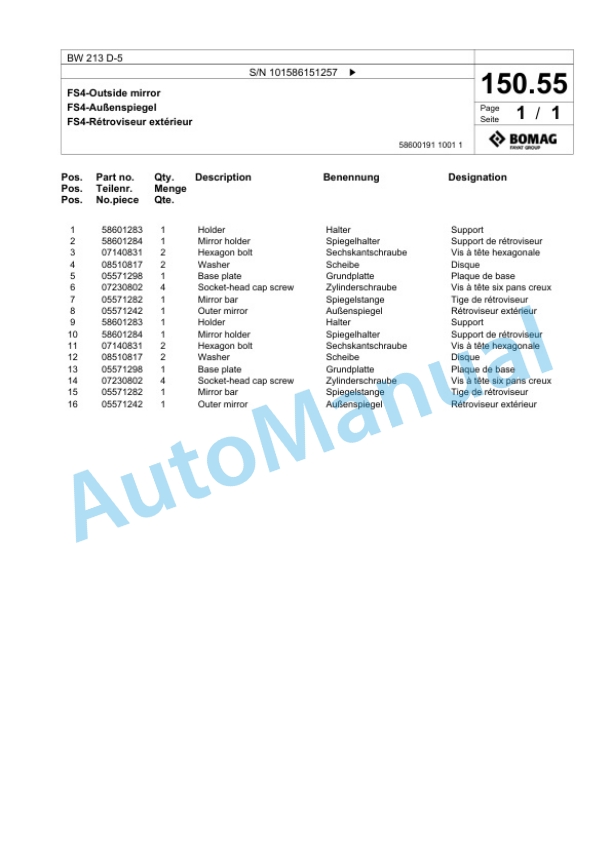 Bomag BW 213 D-5 Single Drum Wheel Drive Vibratory Roller Spare Parts Catalogue 00824761-5