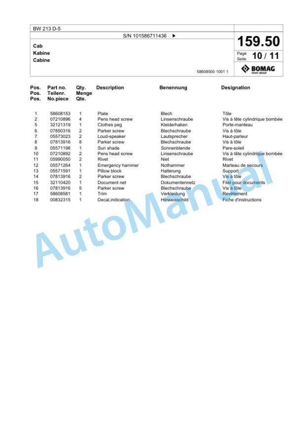 Bomag BW 213 D-5 Single Drum Wheel Drive Vibratory Roller Spare Parts Catalogue 00825271-5