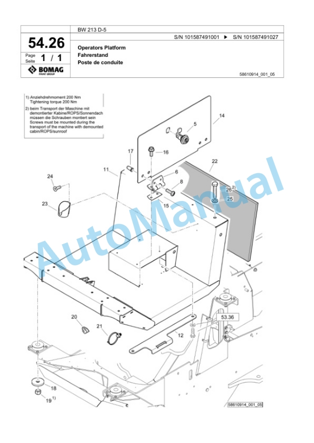 Bomag BW 213 D-5 Single Drum Wheel Drive Vibratory Roller Spare Parts Catalogue 00826275-2