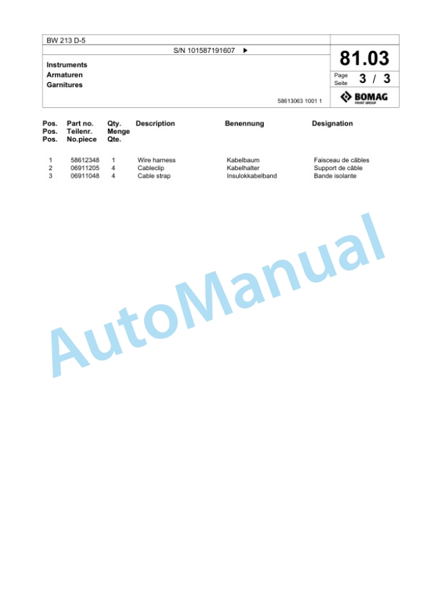Bomag BW 213 D-5 Single Drum Wheel Drive Vibratory Roller Spare Parts Catalogue 00826917-2