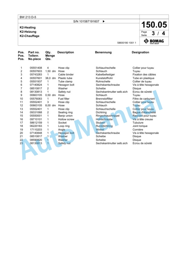Bomag BW 213 D-5 Single Drum Wheel Drive Vibratory Roller Spare Parts Catalogue 00826917-3