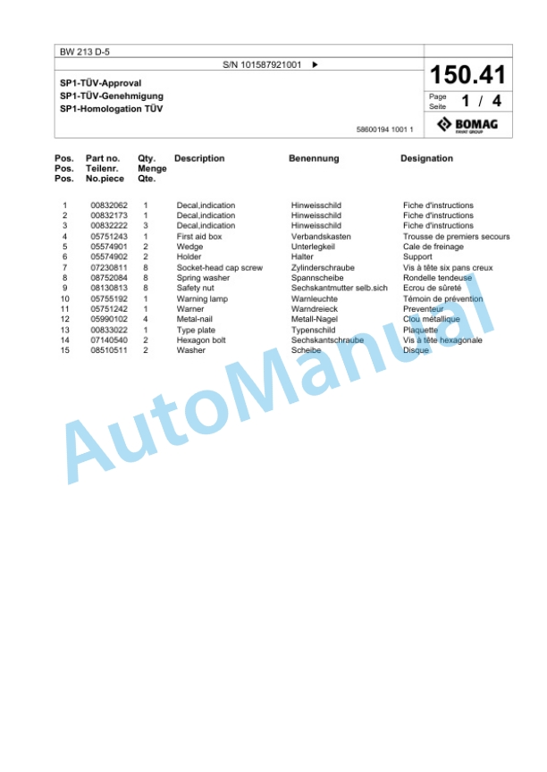 Bomag BW 213 D-5 Single Drum Wheel Drive Vibratory Roller Spare Parts Catalogue 00826947-3