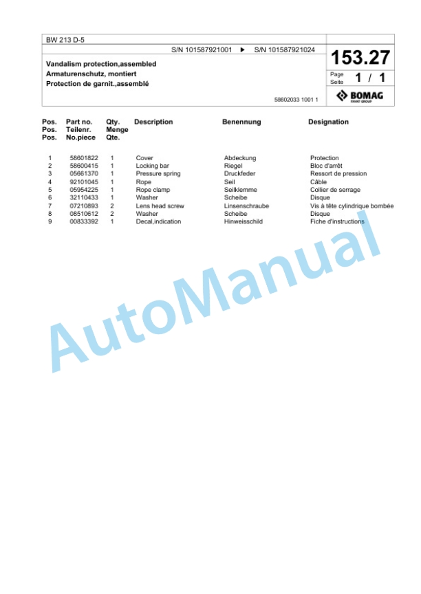 Bomag BW 213 D-5 Single Drum Wheel Drive Vibratory Roller Spare Parts Catalogue 00826947-4