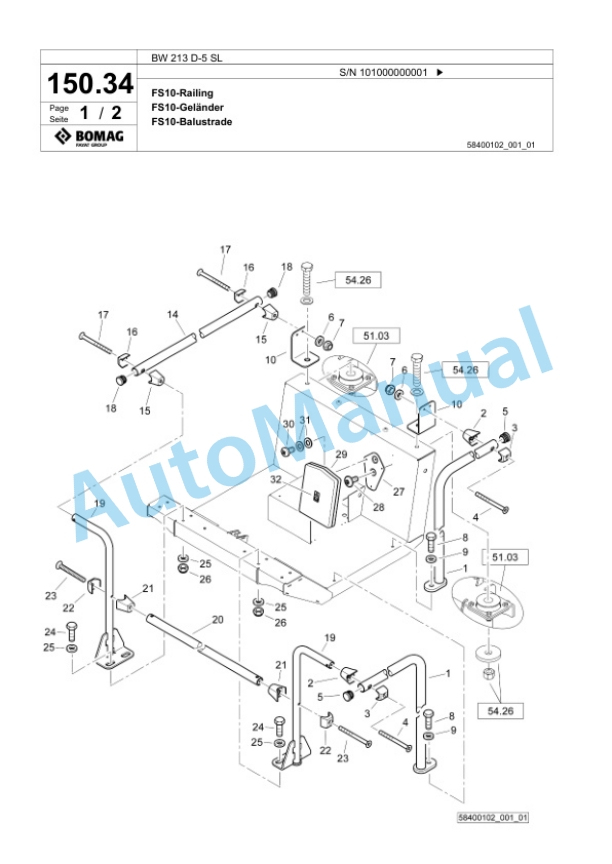 Bomag BW 213 D-5 SL Single Drum Wheel Drive Vibratory Roller Spare Parts Catalogue 00826383-4