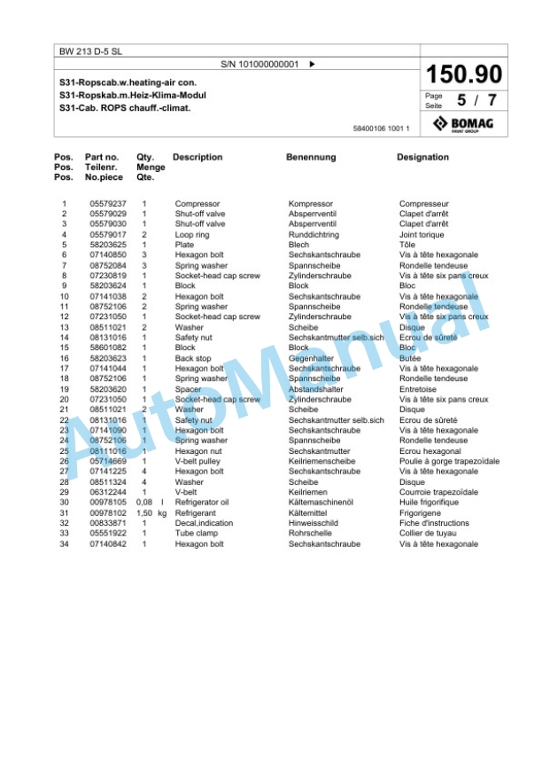 Bomag BW 213 D-5 SL Single Drum Wheel Drive Vibratory Roller Spare Parts Catalogue 00826383-5
