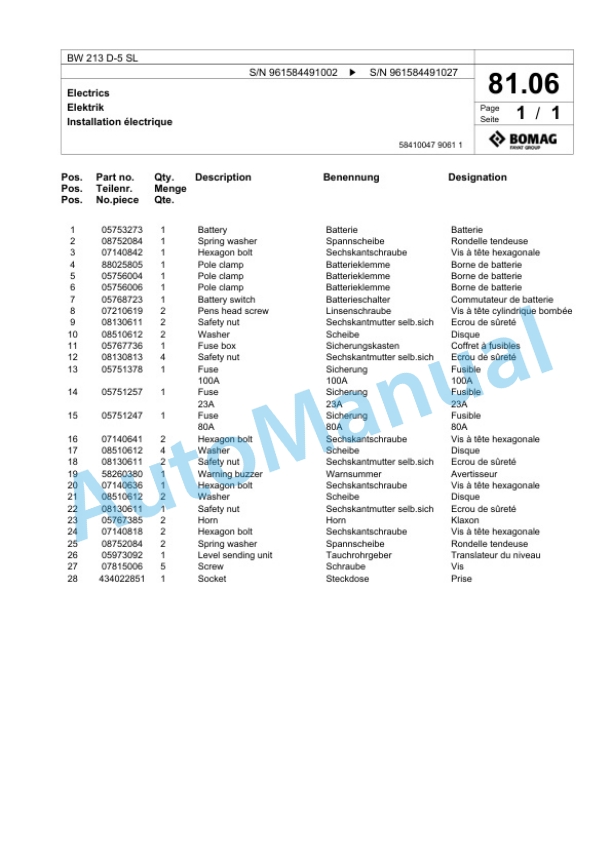 Bomag BW 213 D-5 SL Single Drum Wheel Drive Vibratory Roller Spare Parts Catalogue 00826717-2
