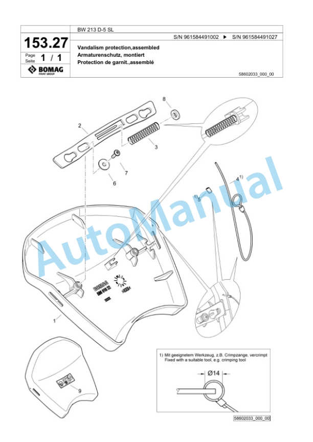 Bomag BW 213 D-5 SL Single Drum Wheel Drive Vibratory Roller Spare Parts Catalogue 00826717-4