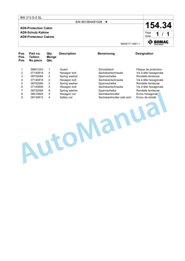 Bomag BW 213 D-5 SL Single Drum Wheel Drive Vibratory Roller Spare Parts Catalogue 00826717-5