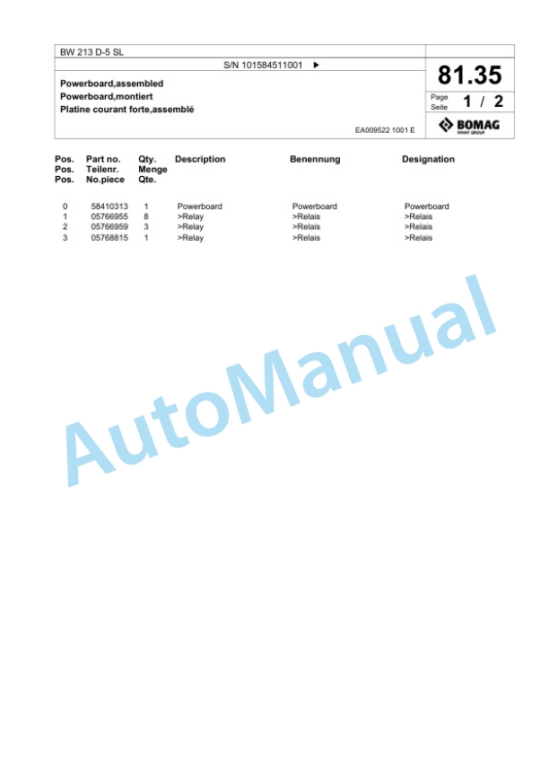 Bomag BW 213 D-5 SL Single Drum Wheel Drive Vibratory Roller Spare Parts Catalogue 00826827-2