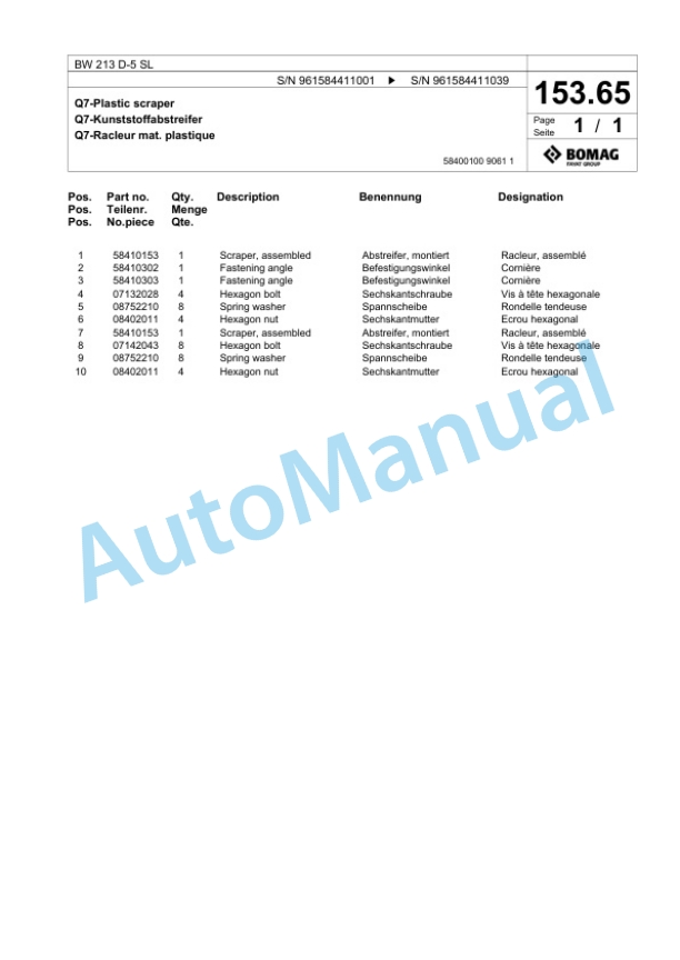 Bomag BW 213 D-5 SL Single Drum Wheel Drive Vibratory Roller Spare Parts Catalogue 00827001-5