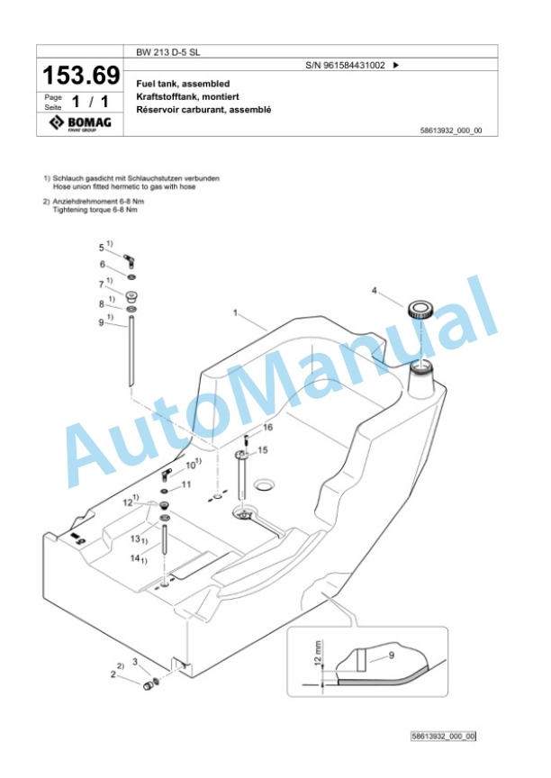 Bomag BW 213 D-5 SL Single Drum Wheel Drive Vibratory Roller Spare Parts Catalogue 00827403-5