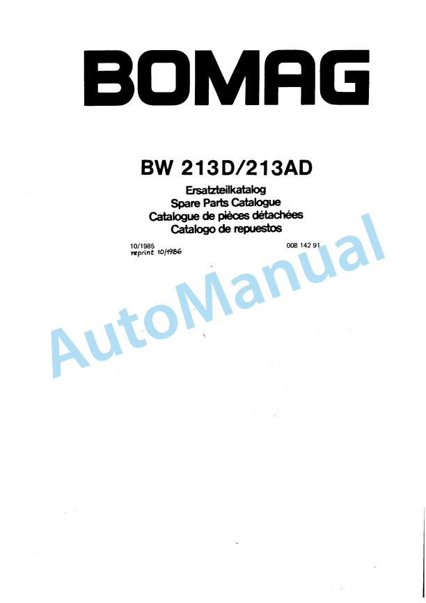 Bomag BW 213 D, BW 213 AD Spare Parts Catalogue 00814291