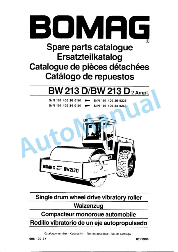 Bomag BW 213 D, BW 213 D2 Ampl Single Drum Wheel Drive Vibratory Roller Spare Parts Catalogue 00810037