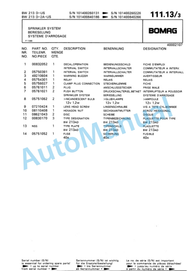 Bomag BW 213 D, BW 213 D2 Ampl Single Drum Wheel Drive Vibratory Roller Spare Parts Catalogue 00810037-5