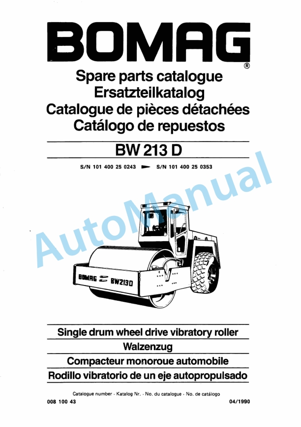 Bomag BW 213 D Single Drum Wheel Drive Vibratory Roller Spare Parts Catalogue 00810043