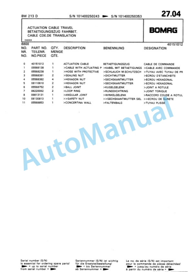 Bomag BW 213 D Single Drum Wheel Drive Vibratory Roller Spare Parts Catalogue 00810043-2