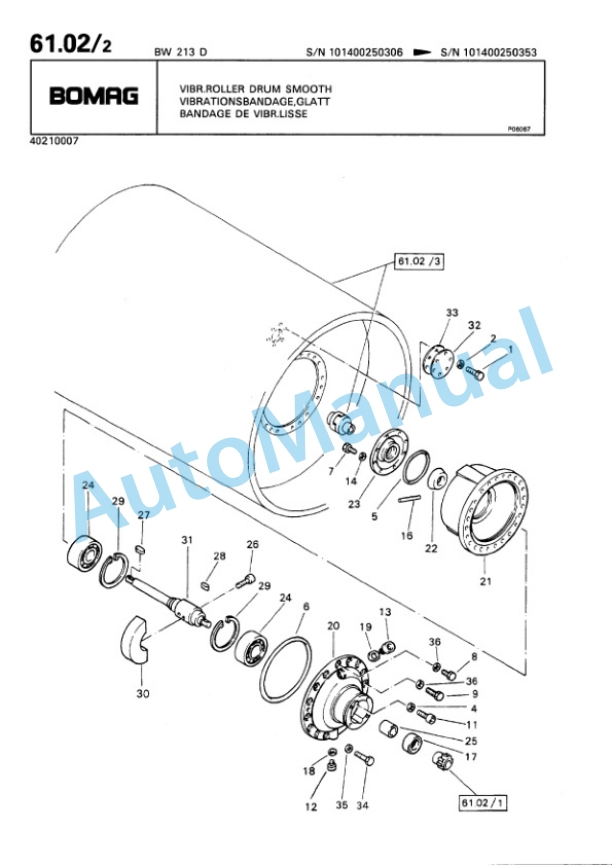 Bomag BW 213 D Single Drum Wheel Drive Vibratory Roller Spare Parts Catalogue 00810043-3