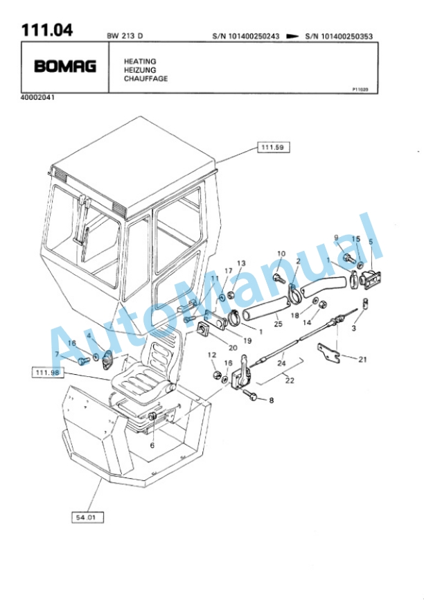 Bomag BW 213 D Single Drum Wheel Drive Vibratory Roller Spare Parts Catalogue 00810043-4