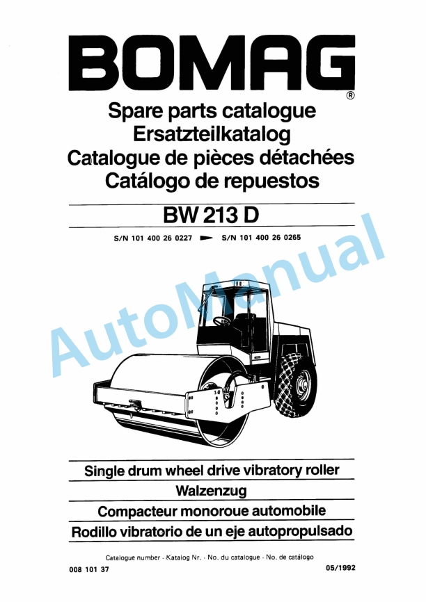 Bomag BW 213 D Single Drum Wheel Drive Vibratory Roller Spare Parts Catalogue 00810137
