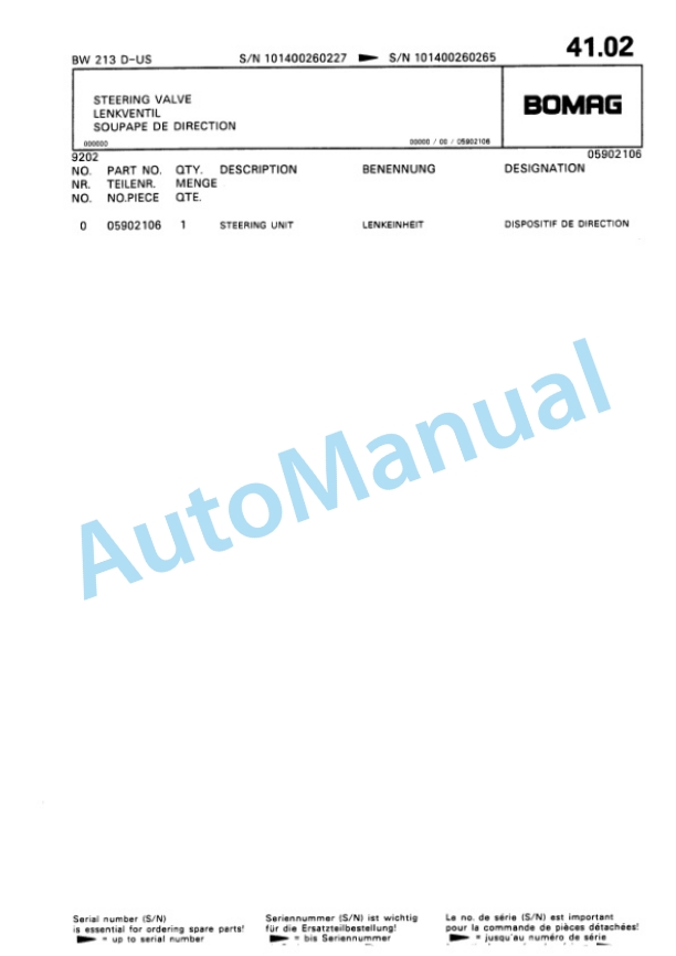 Bomag BW 213 D Single Drum Wheel Drive Vibratory Roller Spare Parts Catalogue 00810137-3
