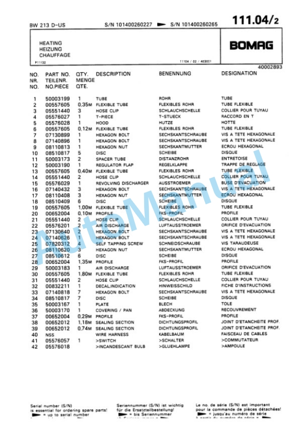 Bomag BW 213 D Single Drum Wheel Drive Vibratory Roller Spare Parts Catalogue 00810137-5