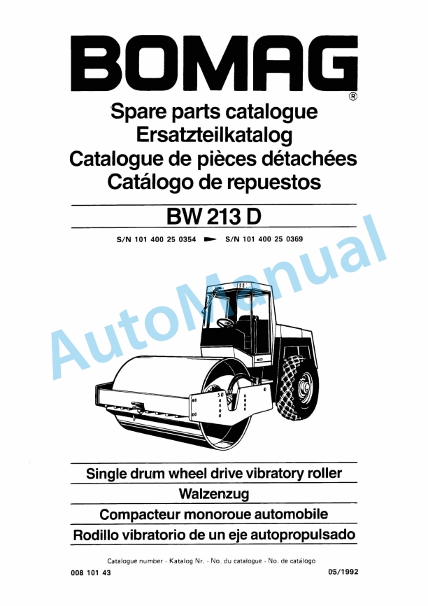 Bomag BW 213 D Single Drum Wheel Drive Vibratory Roller Spare Parts Catalogue 00810143