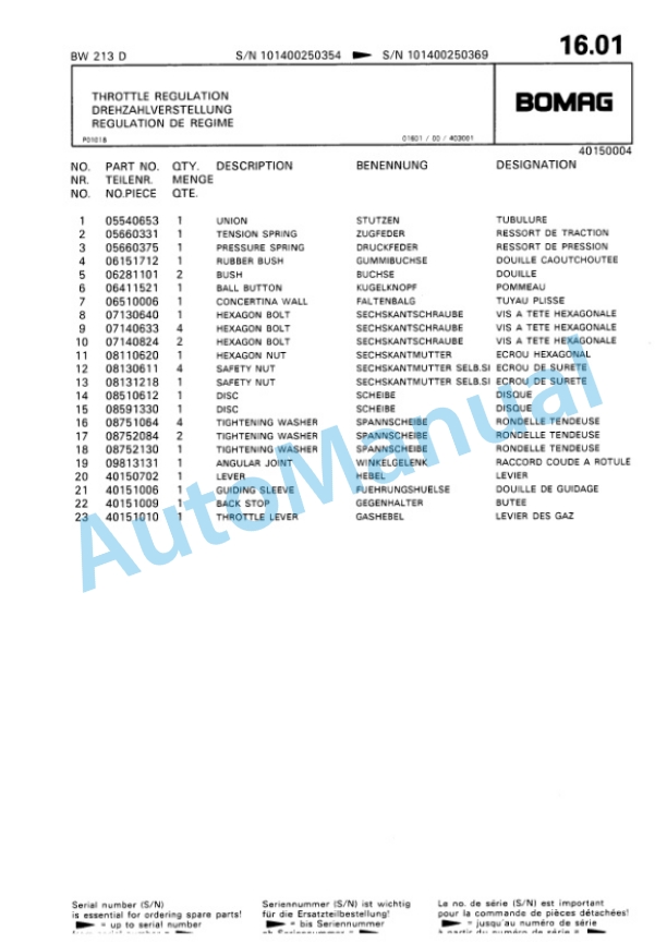 Bomag BW 213 D Single Drum Wheel Drive Vibratory Roller Spare Parts Catalogue 00810143-2