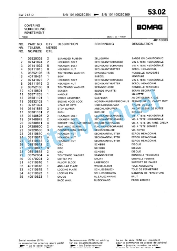 Bomag BW 213 D Single Drum Wheel Drive Vibratory Roller Spare Parts Catalogue 00810143-3