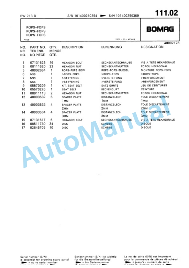 Bomag BW 213 D Single Drum Wheel Drive Vibratory Roller Spare Parts Catalogue 00810143-4