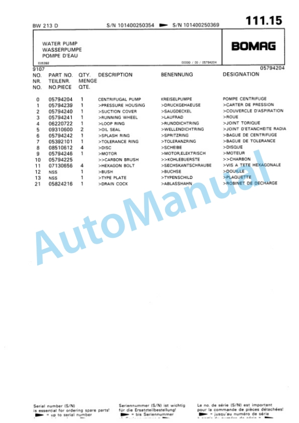 Bomag BW 213 D Single Drum Wheel Drive Vibratory Roller Spare Parts Catalogue 00810143-5