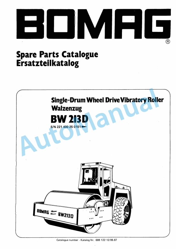 Bomag BW 213 D Single Drum Wheel Drive Vibratory Roller Spare Parts Catalogue 00812212