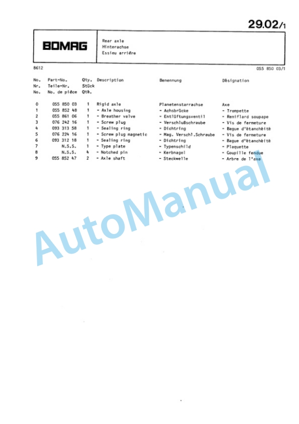 Bomag BW 213 D Single Drum Wheel Drive Vibratory Roller Spare Parts Catalogue 00812212-4