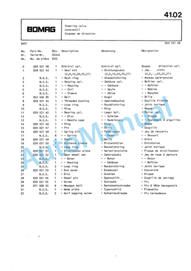 Bomag BW 213 D Single Drum Wheel Drive Vibratory Roller Spare Parts Catalogue 00812212-5