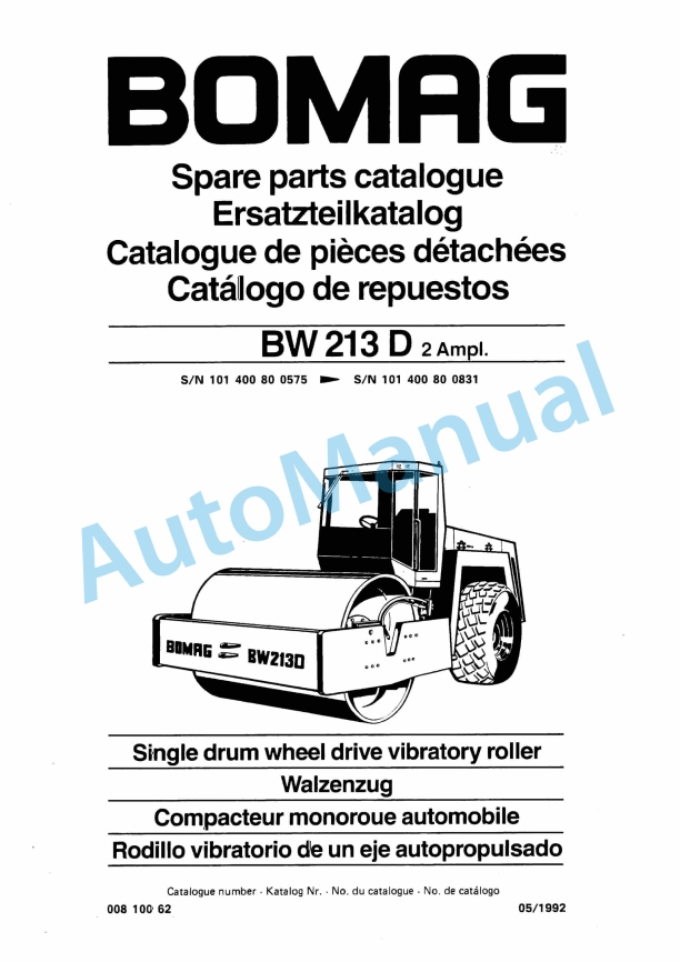 Bomag BW 213 D2 Ampl Single Drum Wheel Drive Vibratory Roller Spare Parts Catalogue 00810062