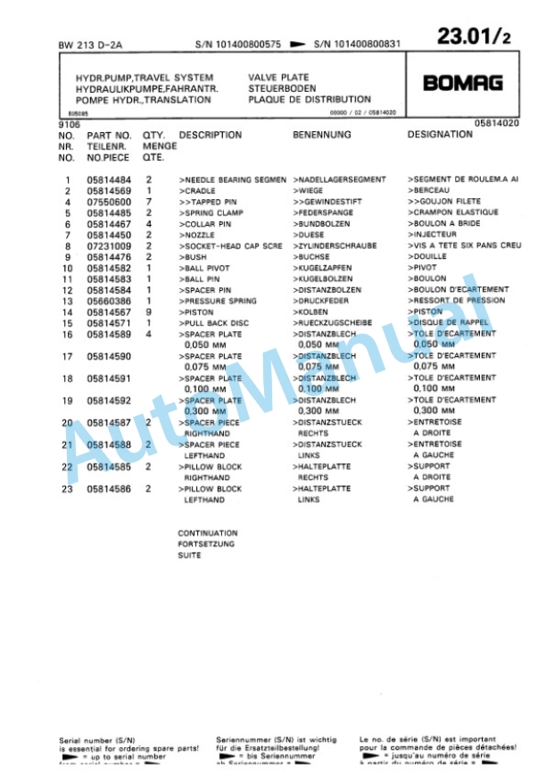 Bomag BW 213 D2 Ampl Single Drum Wheel Drive Vibratory Roller Spare Parts Catalogue 00810062-2