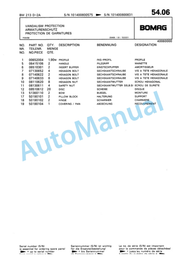 Bomag BW 213 D2 Ampl Single Drum Wheel Drive Vibratory Roller Spare Parts Catalogue 00810062-3