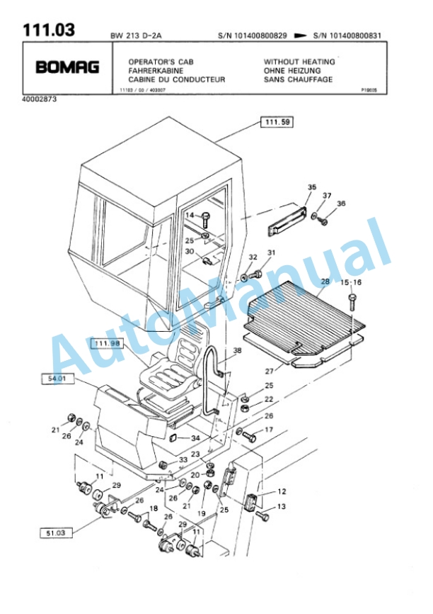 Bomag BW 213 D2 Ampl Single Drum Wheel Drive Vibratory Roller Spare Parts Catalogue 00810062-4