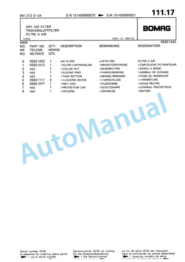 Bomag BW 213 D2 Ampl Single Drum Wheel Drive Vibratory Roller Spare Parts Catalogue 00810062-5