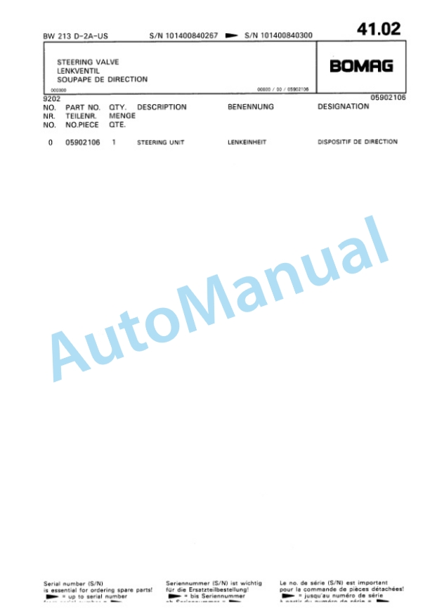 Bomag BW 213 D2 Ampl Single Drum Wheel Drive Vibratory Roller Spare Parts Catalogue 00810063-3