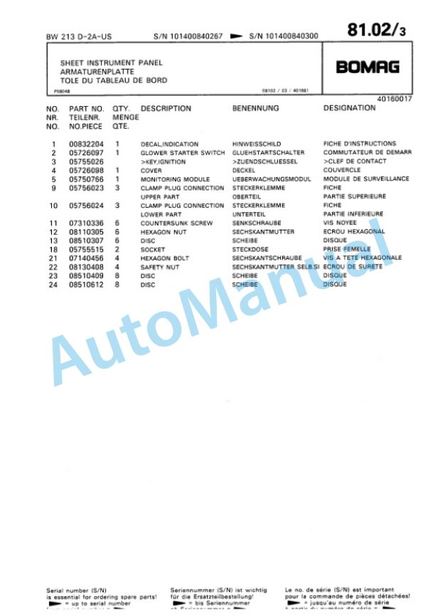 Bomag BW 213 D2 Ampl Single Drum Wheel Drive Vibratory Roller Spare Parts Catalogue 00810063-4
