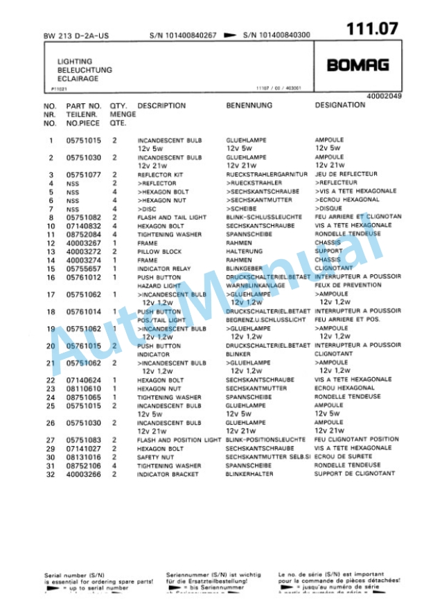 Bomag BW 213 D2 Ampl Single Drum Wheel Drive Vibratory Roller Spare Parts Catalogue 00810063-5