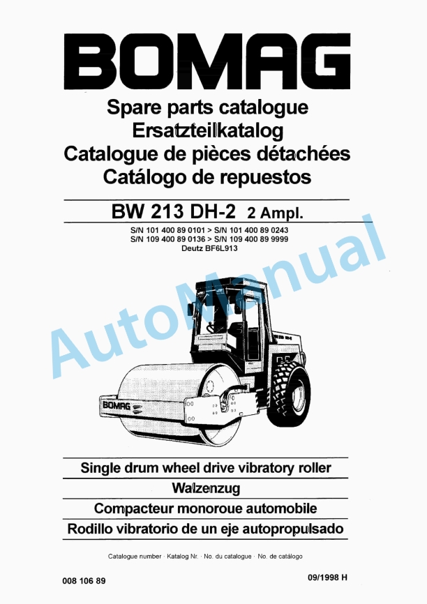 Bomag BW 213 DH-2 2 Ampl Single Drum Wheel Drive Vibratory Roller Spare Parts Catalogue 00810689