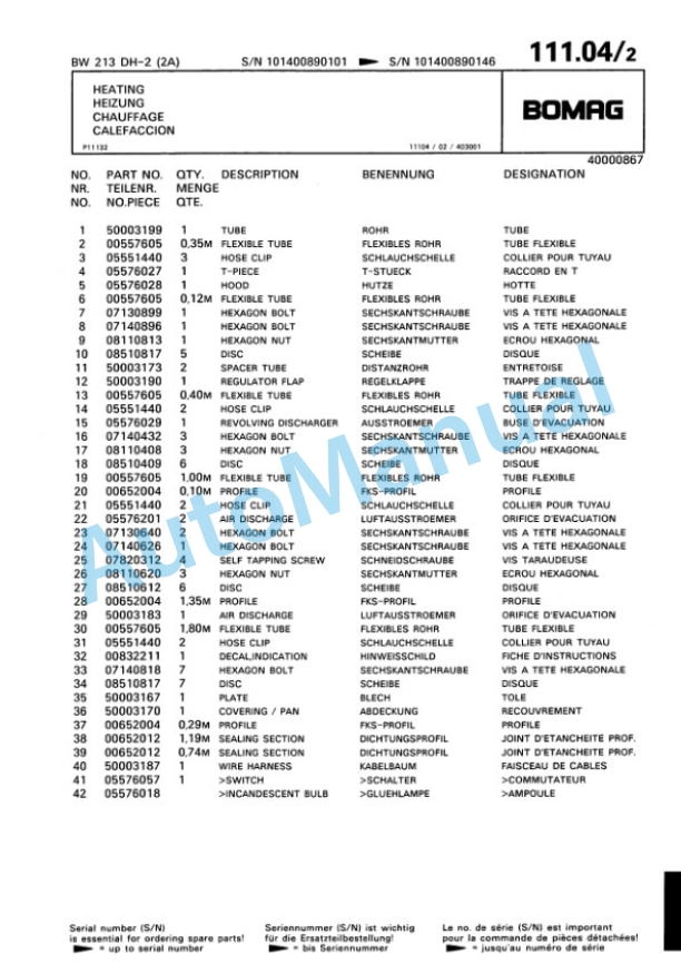 Bomag BW 213 DH-2 2 Ampl Single Drum Wheel Drive Vibratory Roller Spare Parts Catalogue 00810689-4