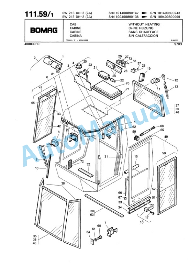 Bomag BW 213 DH-2 2 Ampl Single Drum Wheel Drive Vibratory Roller Spare Parts Catalogue 00810689-5