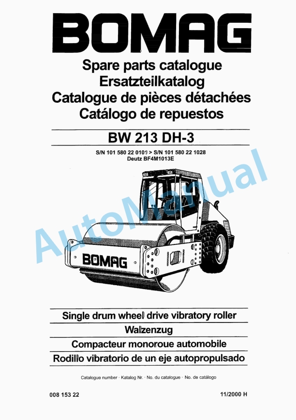 Bomag BW 213 DH-3 Single Drum Wheel Drive Vibratory Roller Spare Parts Catalogue 00815322