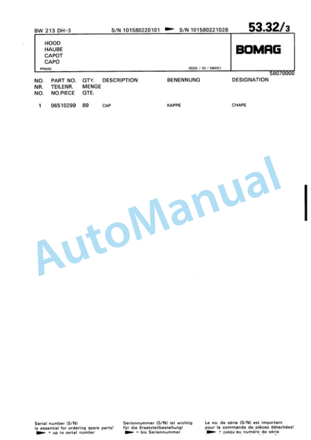 Bomag BW 213 DH-3 Single Drum Wheel Drive Vibratory Roller Spare Parts Catalogue 00815322-2
