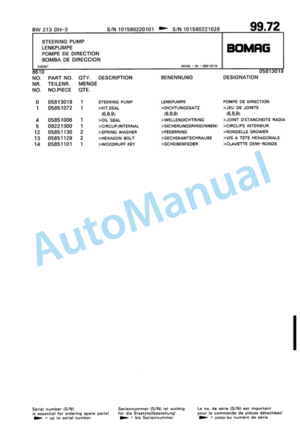 Bomag BW 213 DH-3 Single Drum Wheel Drive Vibratory Roller Spare Parts Catalogue 00815322-3