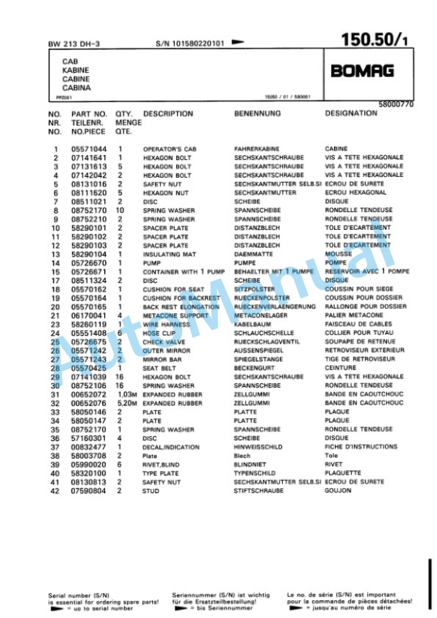 Bomag BW 213 DH-3 Single Drum Wheel Drive Vibratory Roller Spare Parts Catalogue 00815322-4