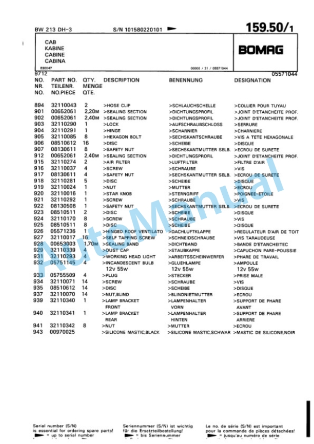 Bomag BW 213 DH-3 Single Drum Wheel Drive Vibratory Roller Spare Parts Catalogue 00815322-5